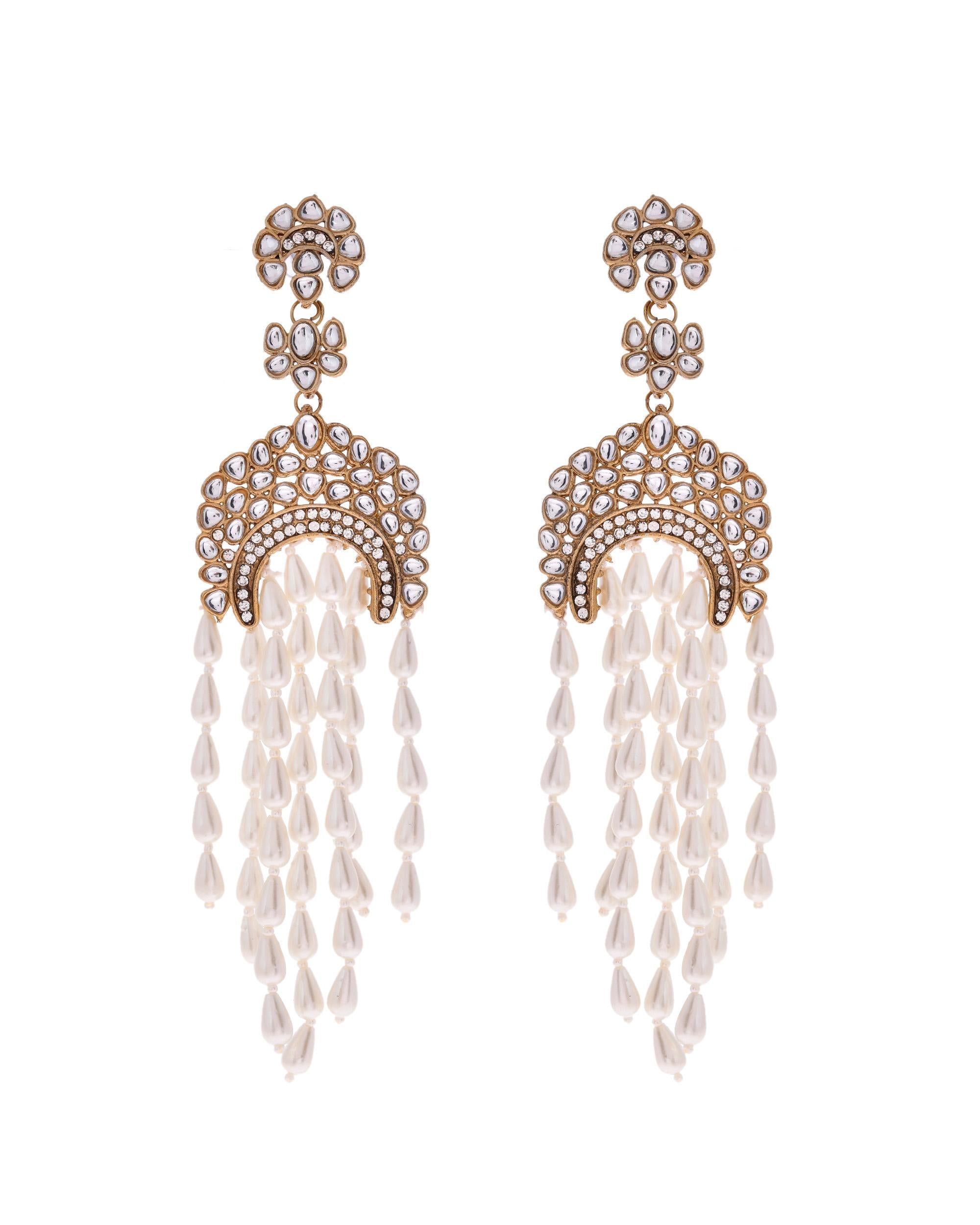 VOJ Kundan Studded White Pearl Long Drop Earrings - Distacart