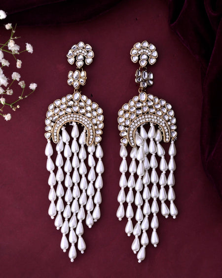 VOJ Kundan Studded White Pearl Long Drop Earrings