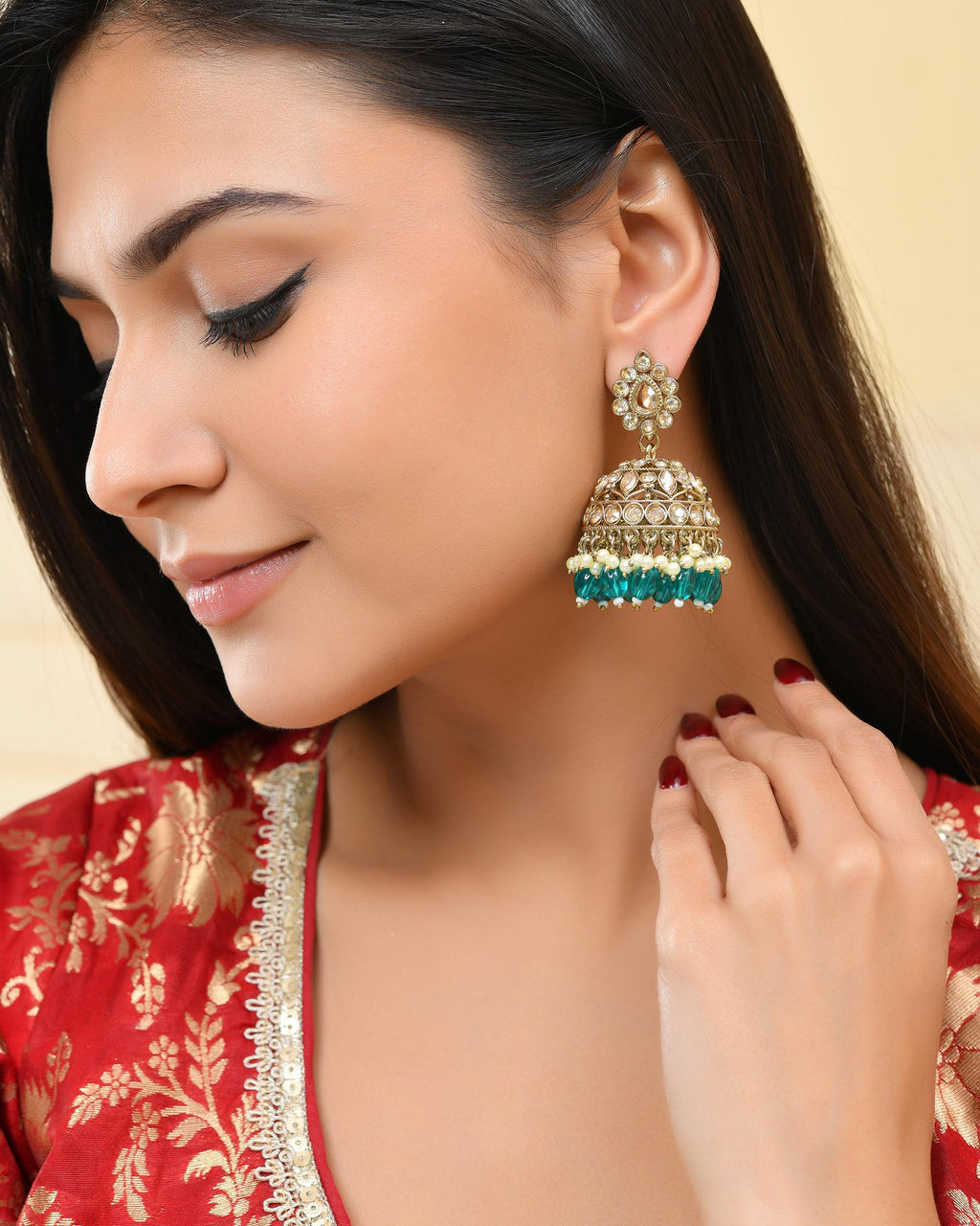VOJ Gold-Polished Stone Studded Dome Shaped Jhumkas - Distacart