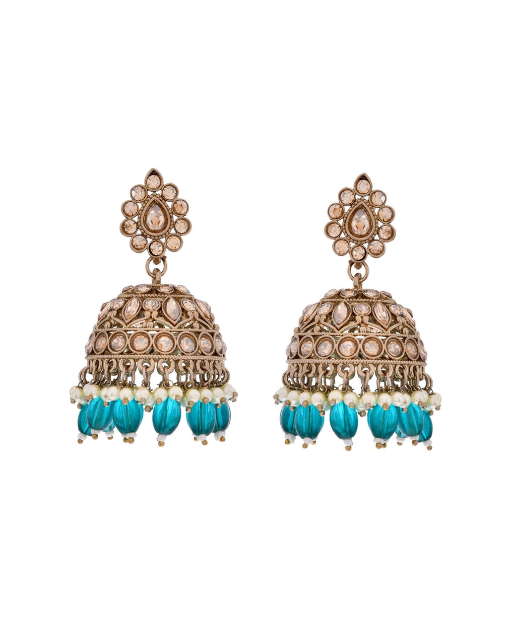 VOJ Gold-Polished Stone Studded Dome Shaped Jhumkas - Distacart
