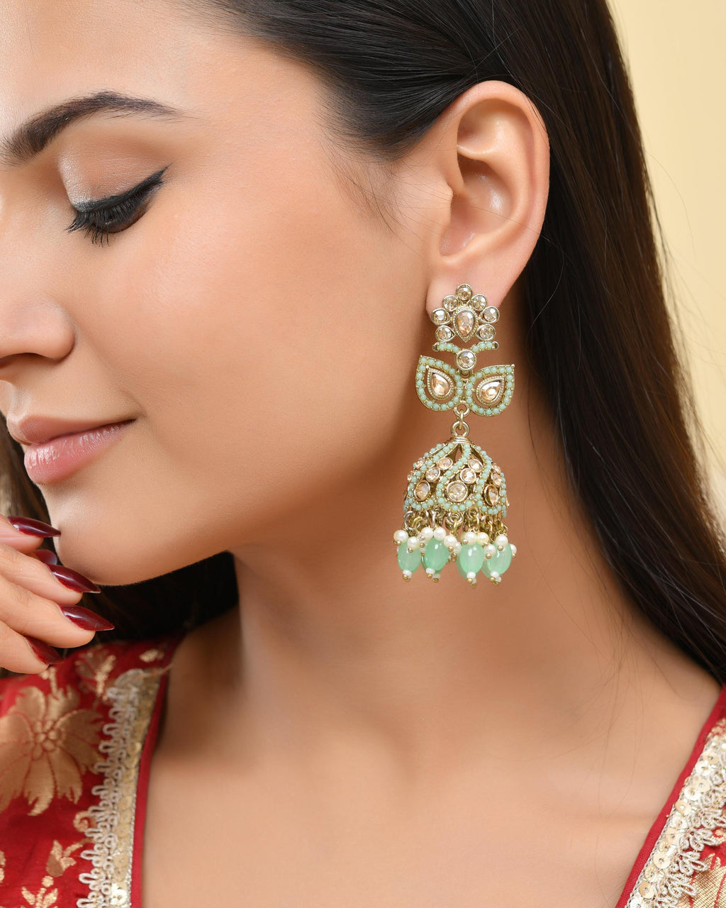VOJ Mint Green Stone Studded Gold-Polished Jhumkas - Distacart