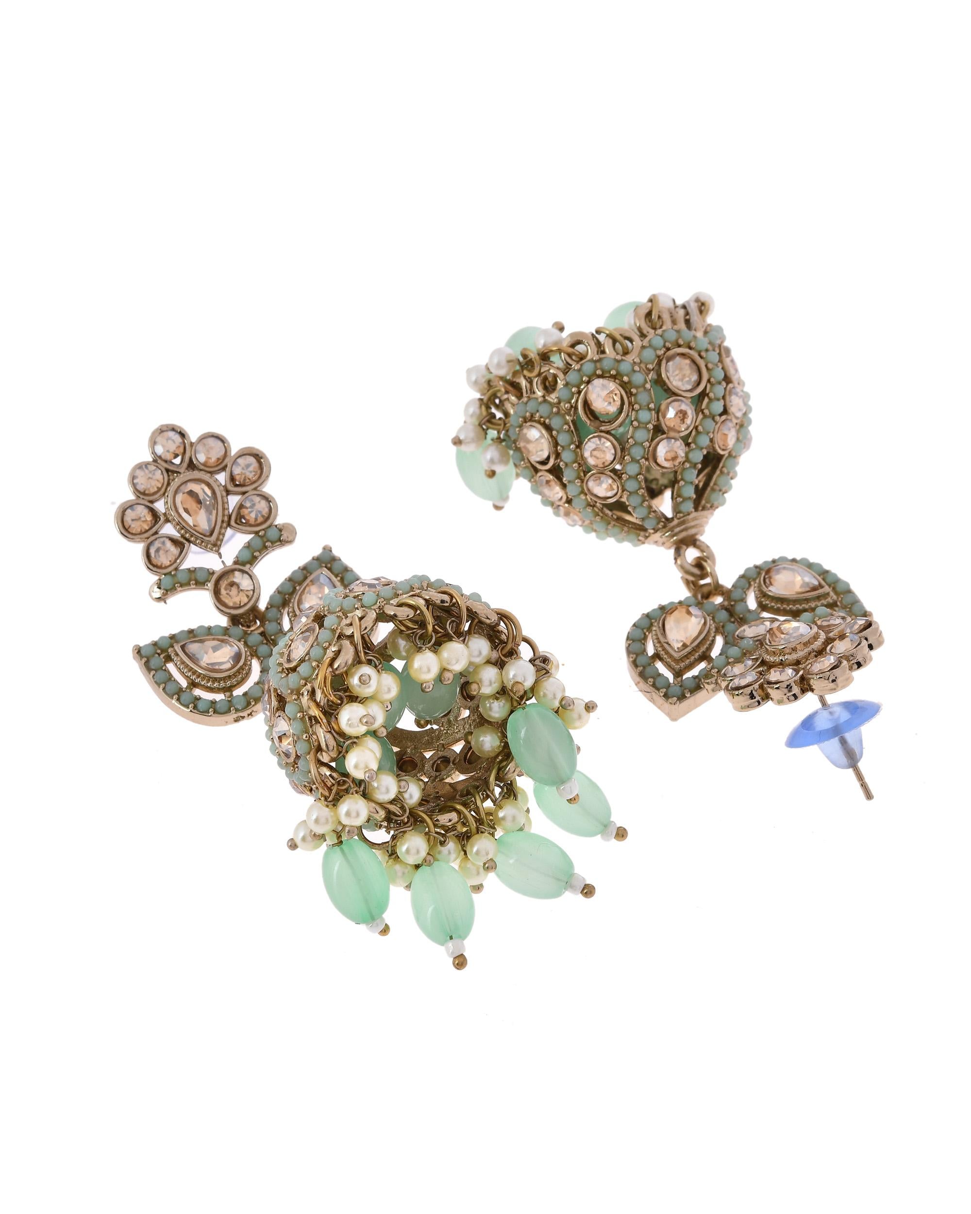 VOJ Mint Green Stone Studded Gold-Polished Jhumkas - Distacart