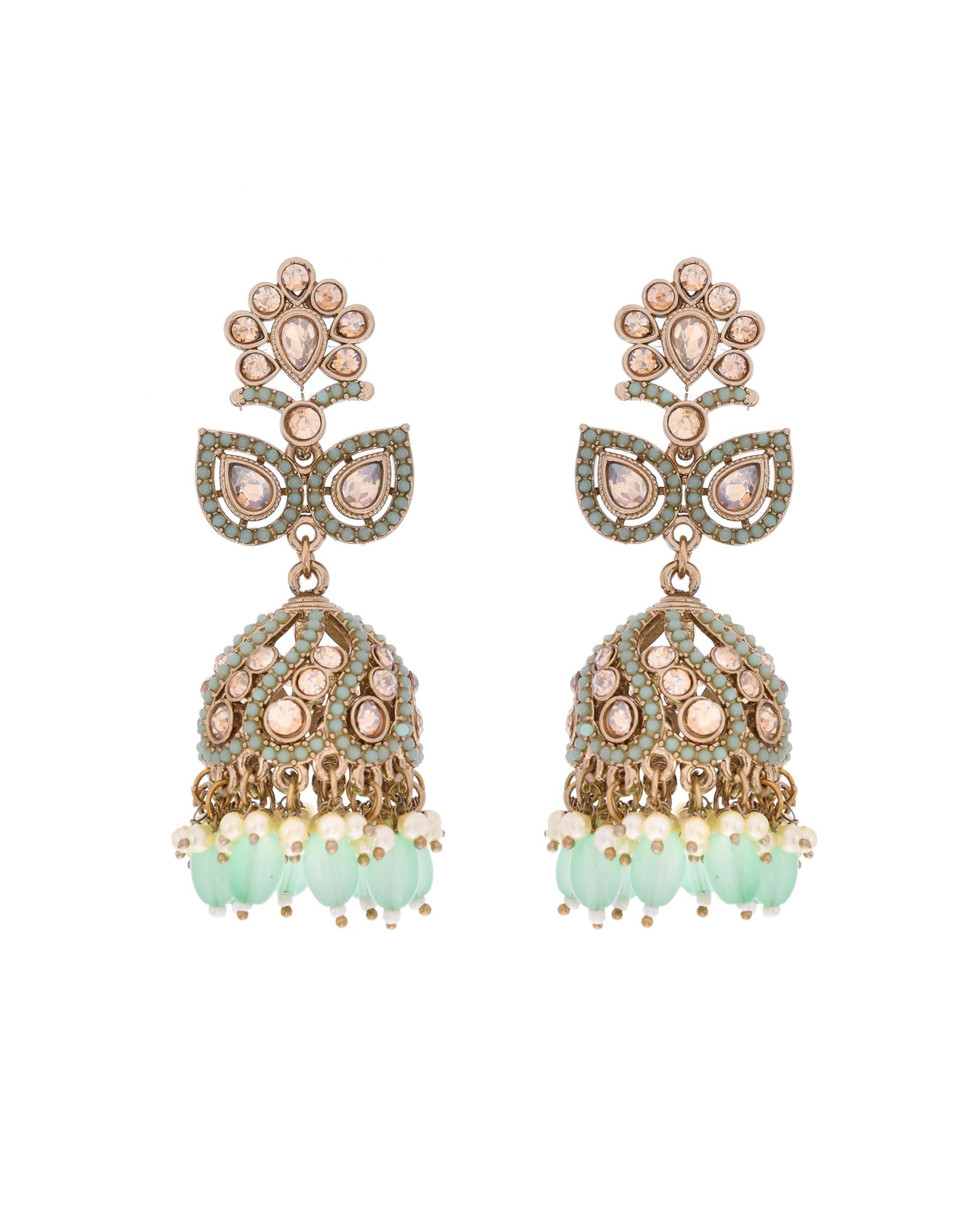 VOJ Mint Green Stone Studded Gold-Polished Jhumkas - Distacart