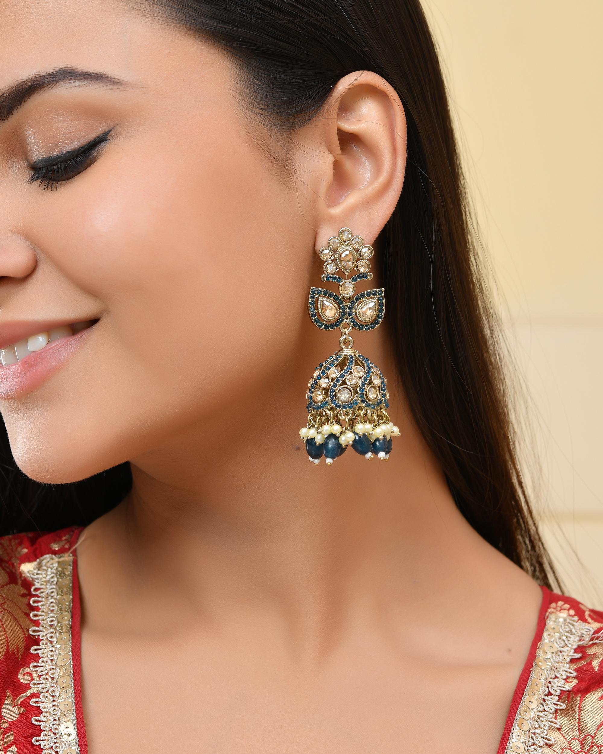 VOJ Blue Stone Studded Gold-Polished Jhumkas - Distacart
