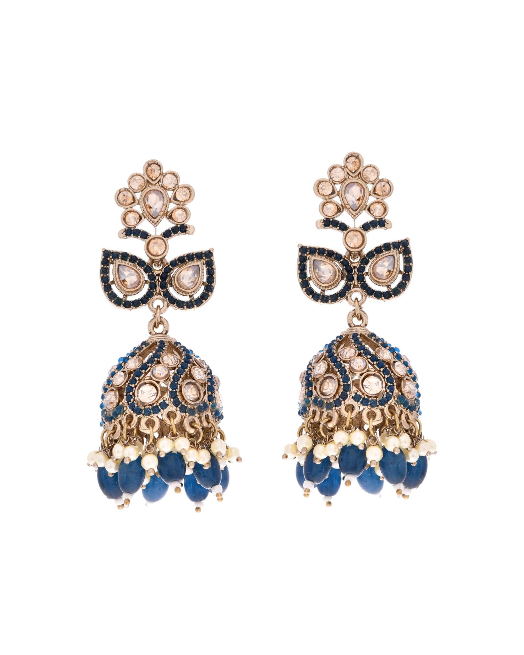 VOJ Blue Stone Studded Gold-Polished Jhumkas - Distacart