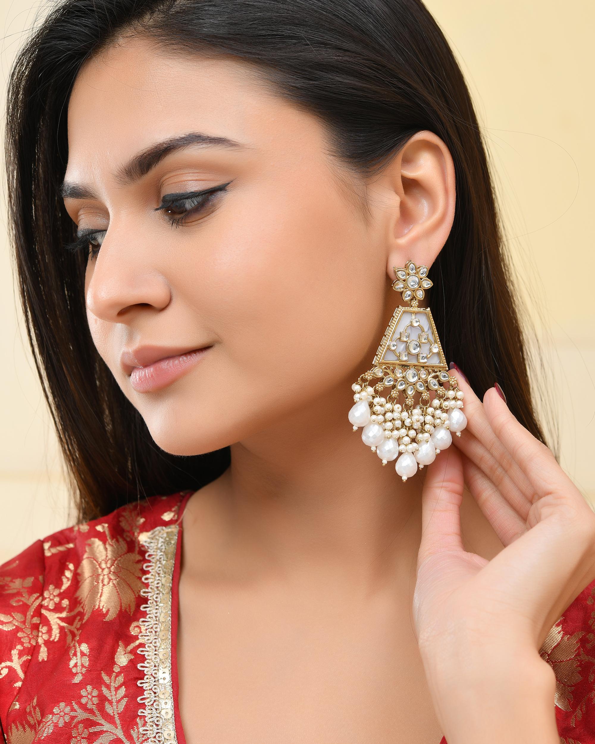 VOJ Gold-Polished Kundan Studded Contemporary Earrings - Distacart