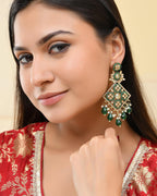 VOJ Green Stone Studded Gold-Polished Square Shaped Earrings - Distacart
