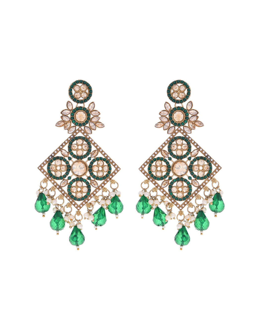 VOJ Green Stone Studded Gold-Polished Square Shaped Earrings - Distacart