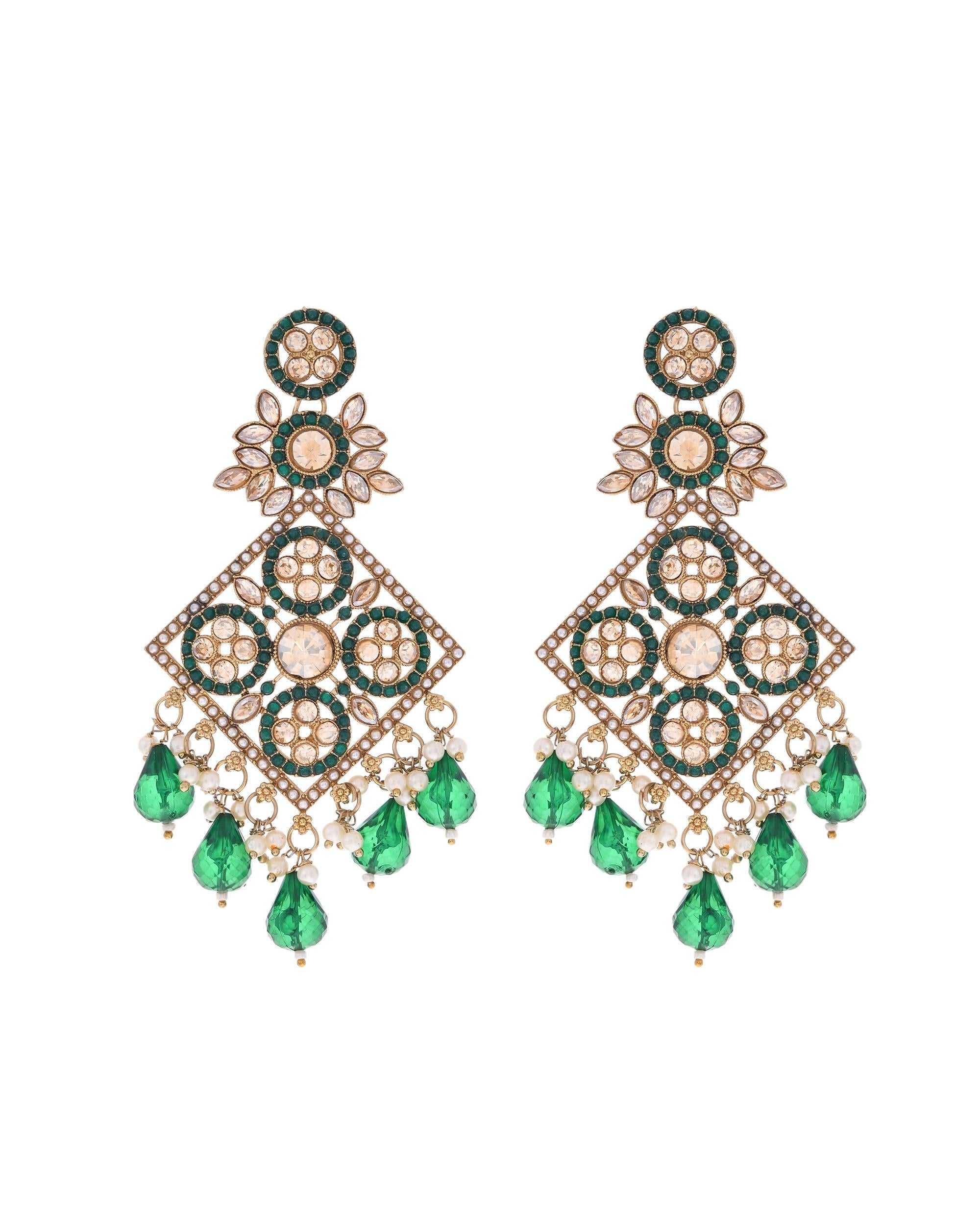 VOJ Green Stone Studded Gold-Polished Square Shaped Earrings - Distacart