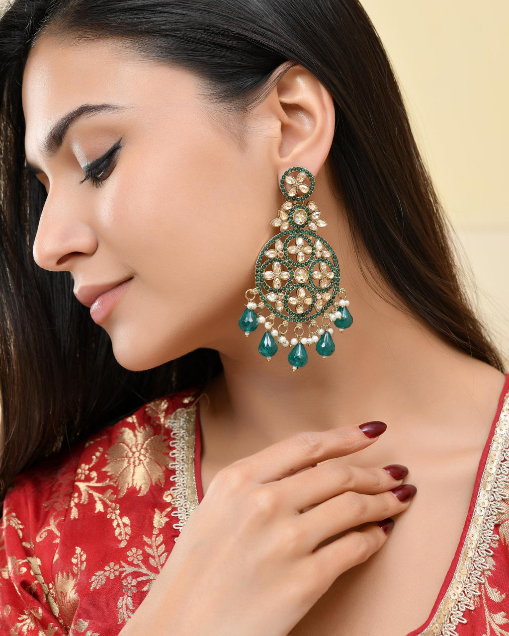 VOJ Teal Green Stone Studded Gold-Polished Circle Shaped Earrings - Distacart