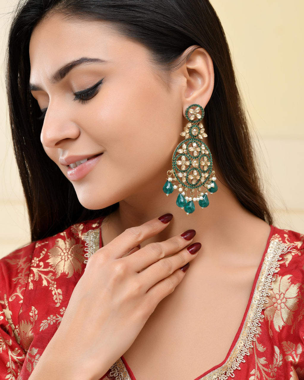 VOJ Teal Green Stone Studded Gold-Polished Circle Shaped Earrings - Distacart