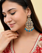 VOJ Blue Stone Studded Gold-Polished Crescent Shaped Earrings - Distacart
