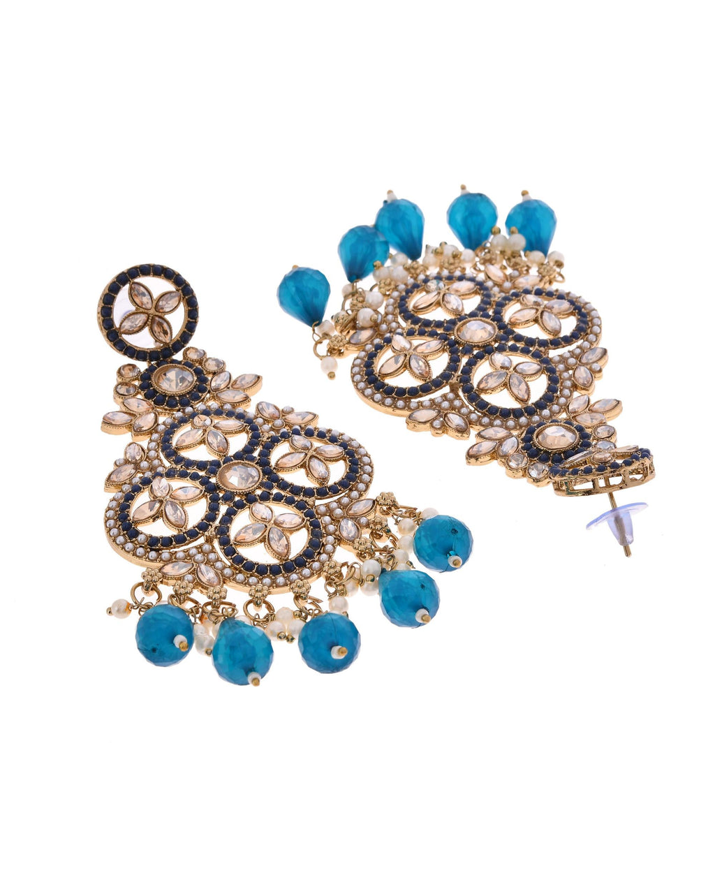 VOJ Blue Stone Studded Gold-Polished Crescent Shaped Earrings - Distacart
