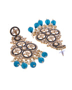 VOJ Blue Stone Studded Gold-Polished Crescent Shaped Earrings - Distacart
