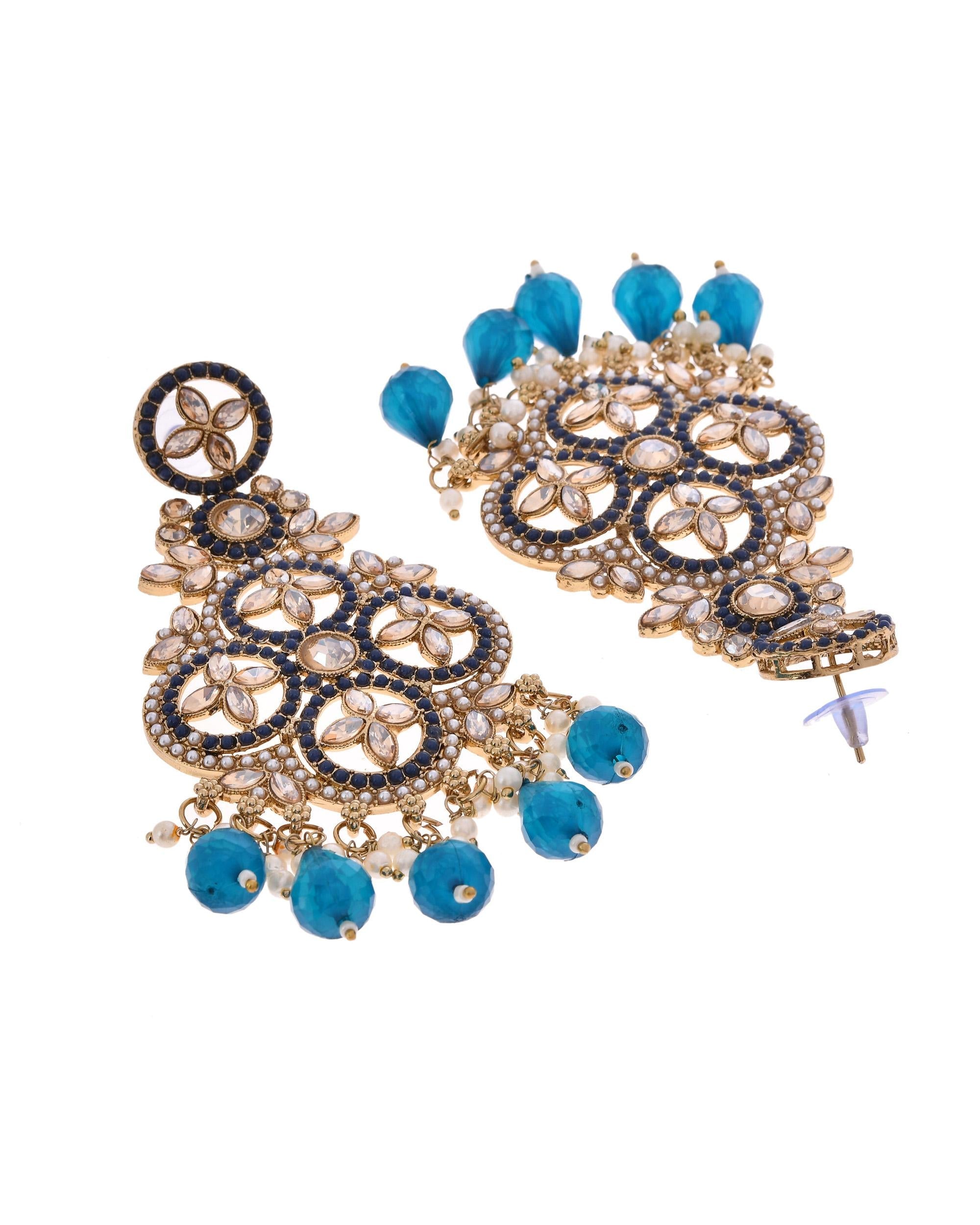 VOJ Blue Stone Studded Gold-Polished Crescent Shaped Earrings - Distacart