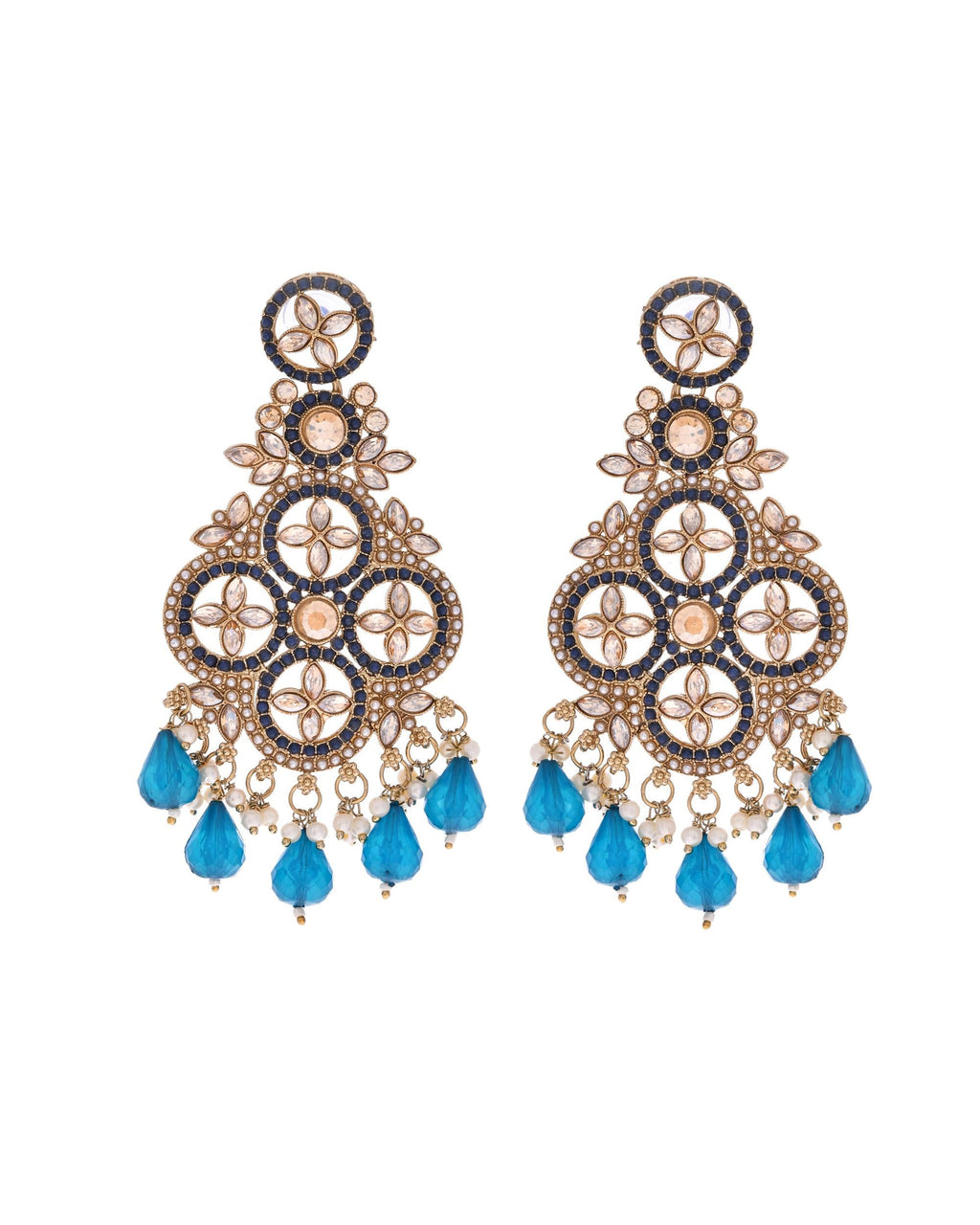 VOJ Blue Stone Studded Gold-Polished Crescent Shaped Earrings - Distacart