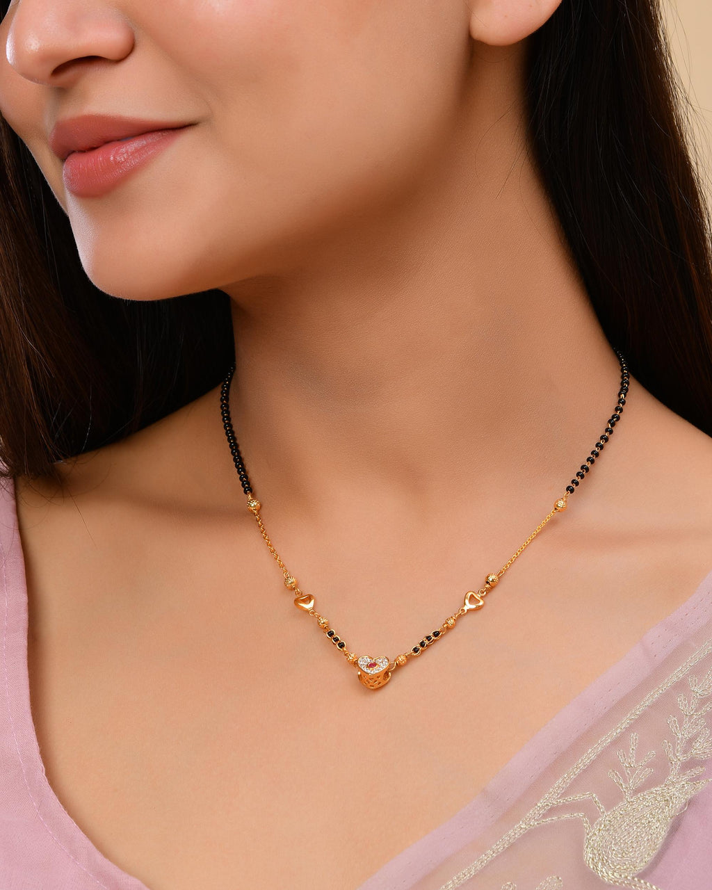 VOJ Gold-Polished Ad Studded Heart Shaped Mangalsutra - Distacart