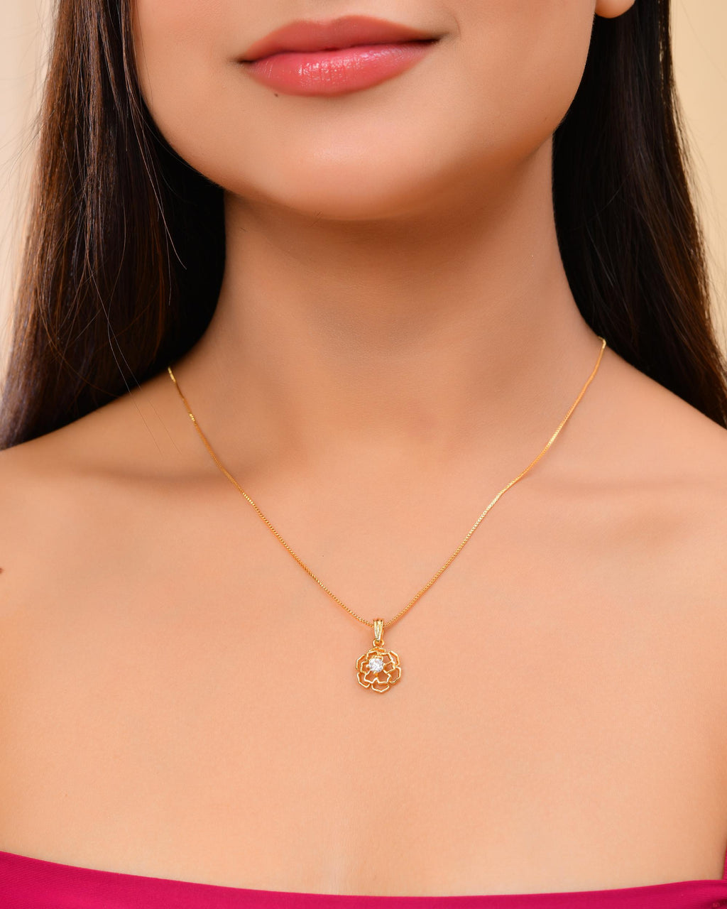 VOJ Gold-Polished Flower Shaped Ad Studded Pendant With Chain