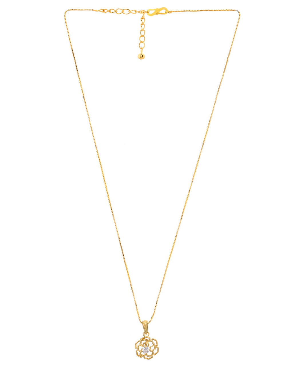 VOJ Gold-Polished Flower Shaped Ad Studded Pendant With Chain