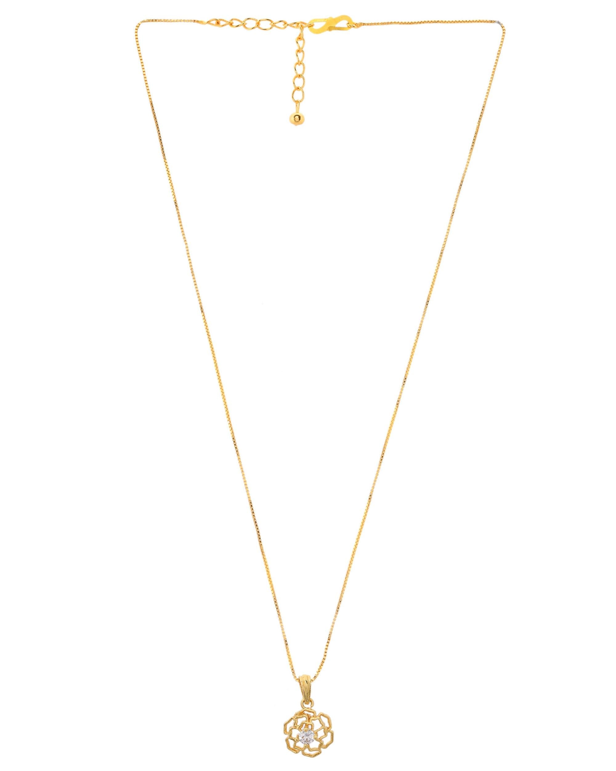 VOJ Gold-Polished Flower Shaped Ad Studded Pendant With Chain