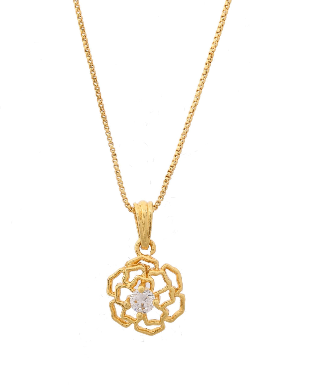 VOJ Gold-Polished Flower Shaped Ad Studded Pendant With Chain