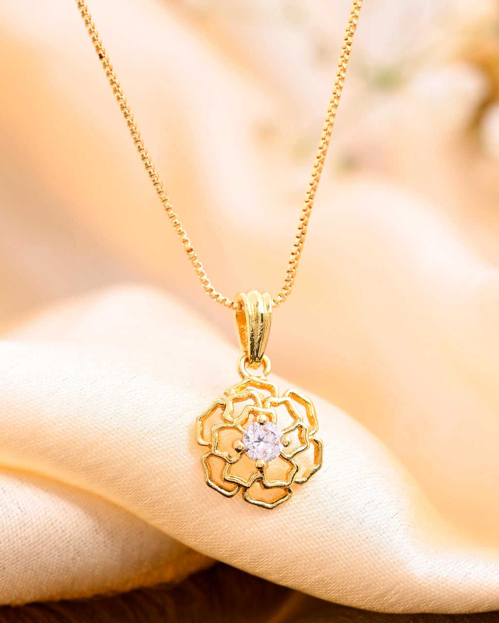 VOJ Gold-Polished Flower Shaped Ad Studded Pendant With Chain