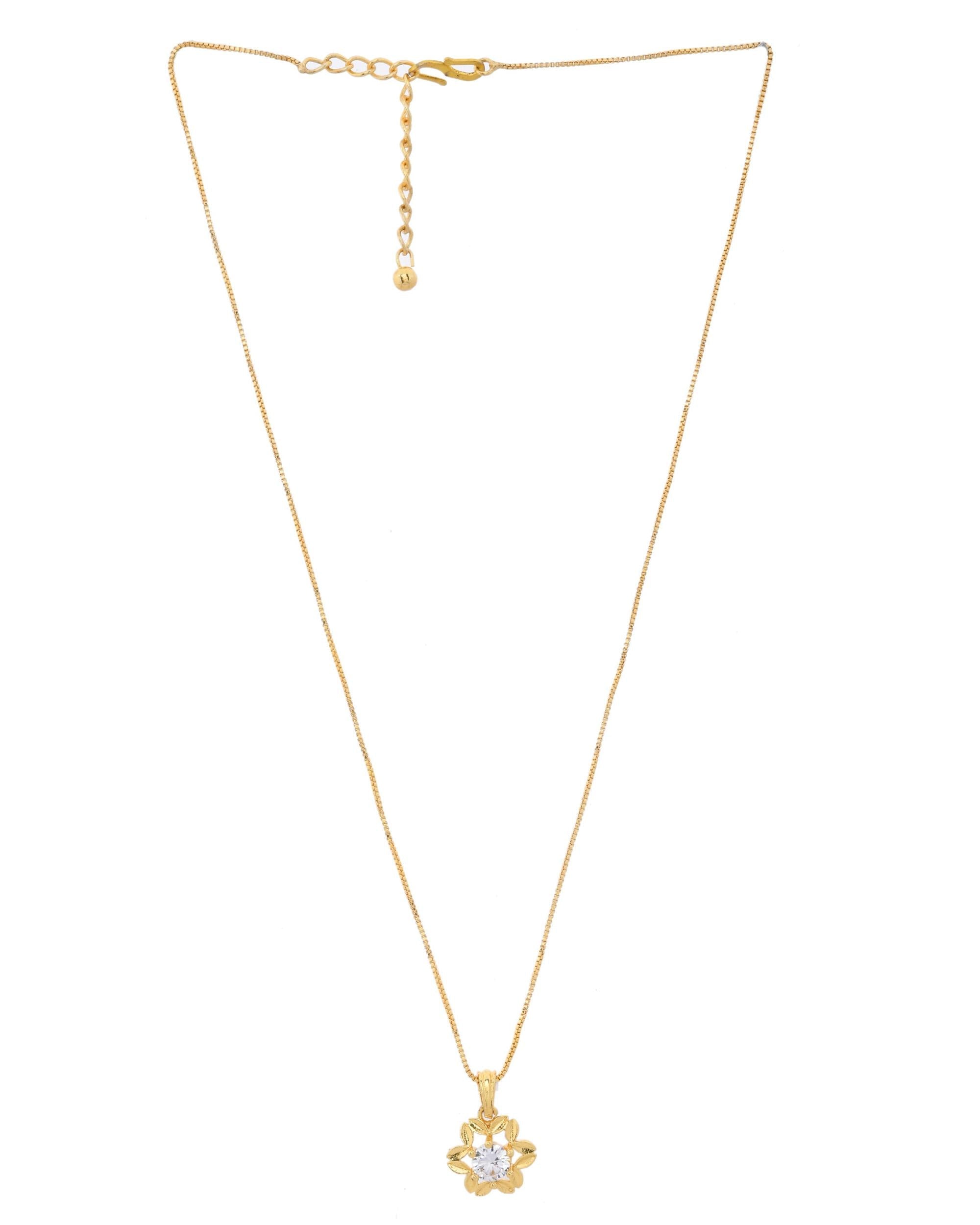 VOJ Gold-Polished Flower Shaped Ad Studded Pendant With Chain