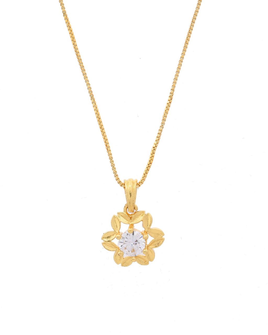 VOJ Gold-Polished Flower Shaped Ad Studded Pendant With Chain