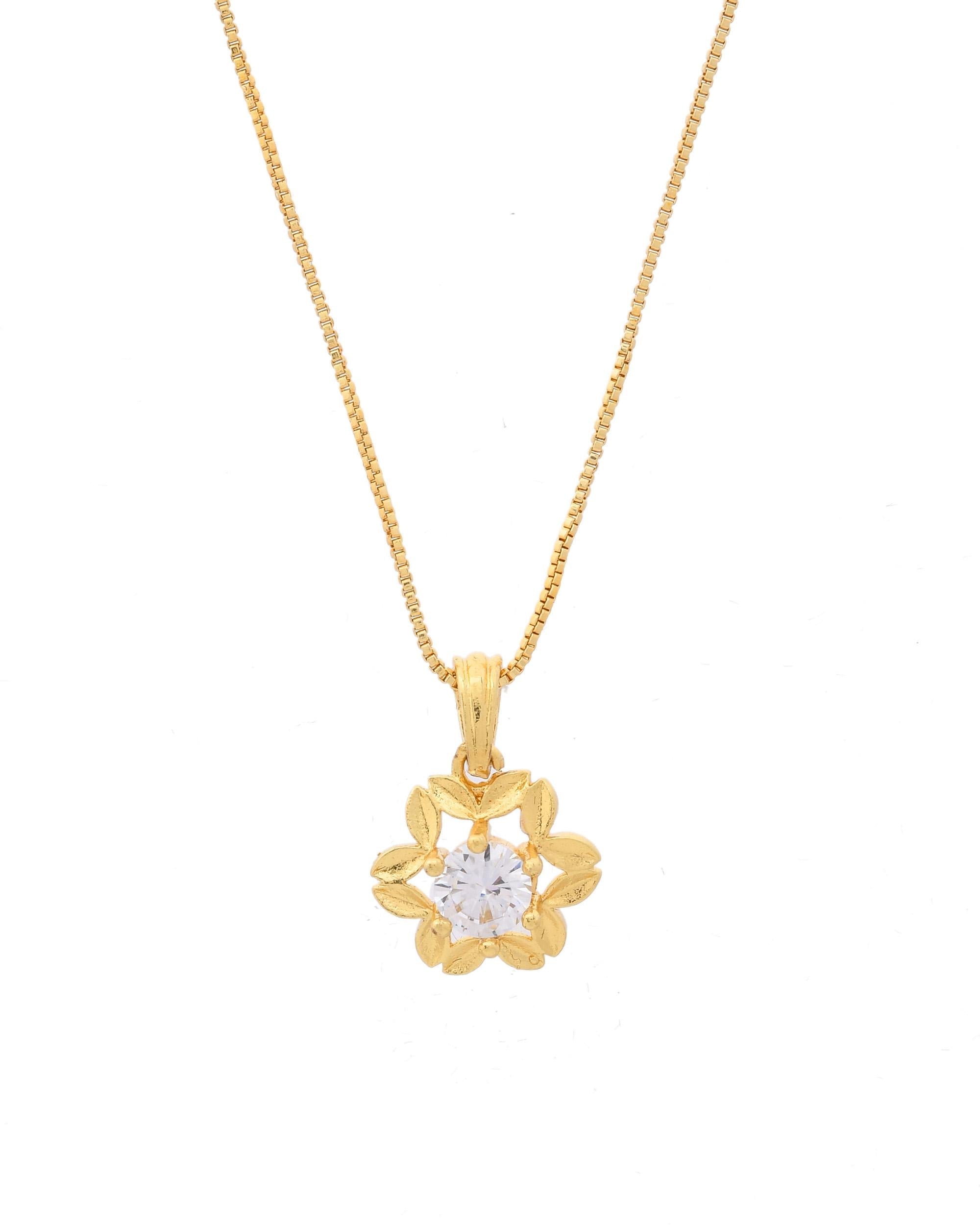 VOJ Gold-Polished Flower Shaped Ad Studded Pendant With Chain