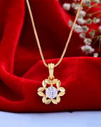 VOJ Gold-Polished Flower Shaped Ad Studded Pendant With Chain