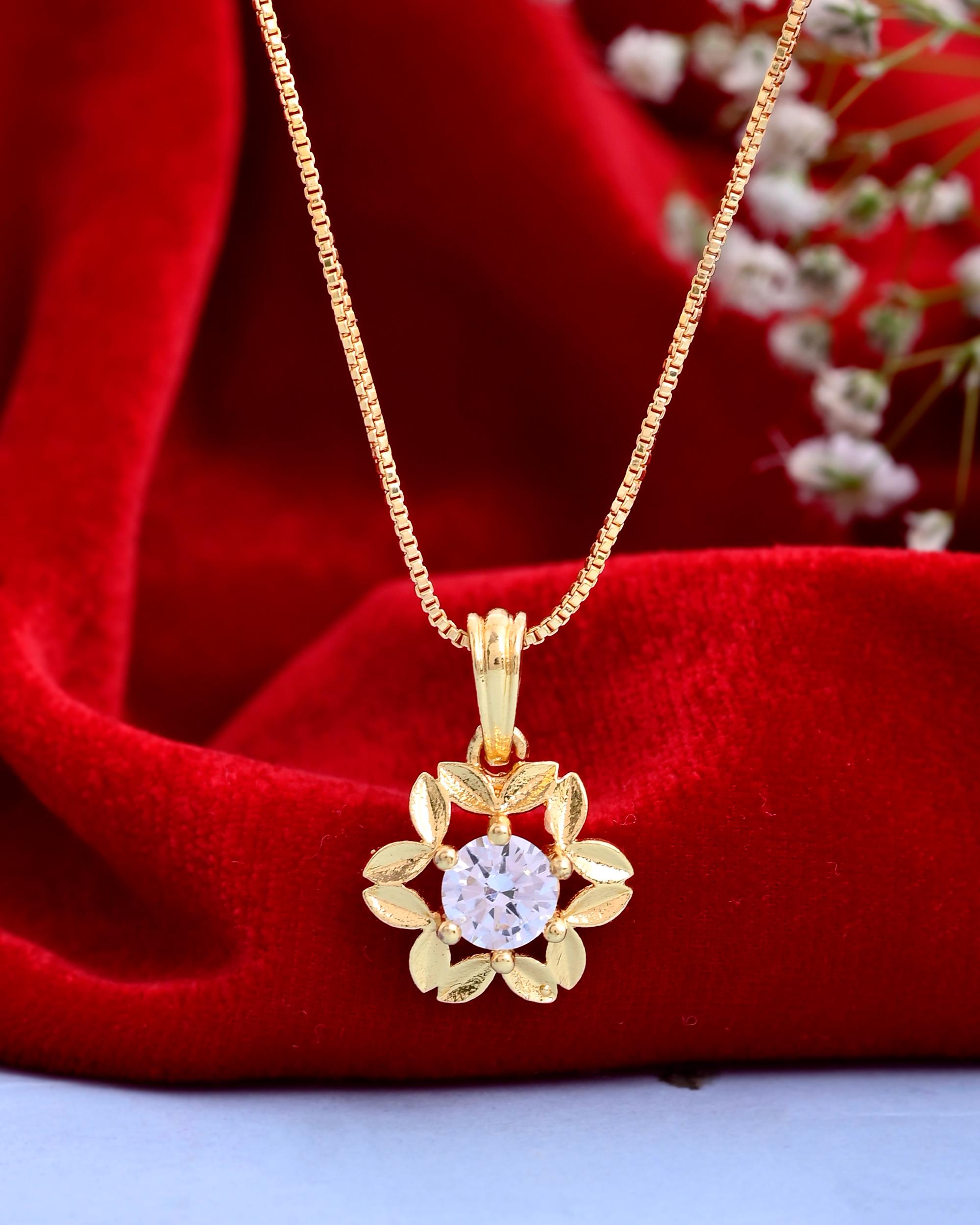 VOJ Gold-Polished Flower Shaped Ad Studded Pendant With Chain