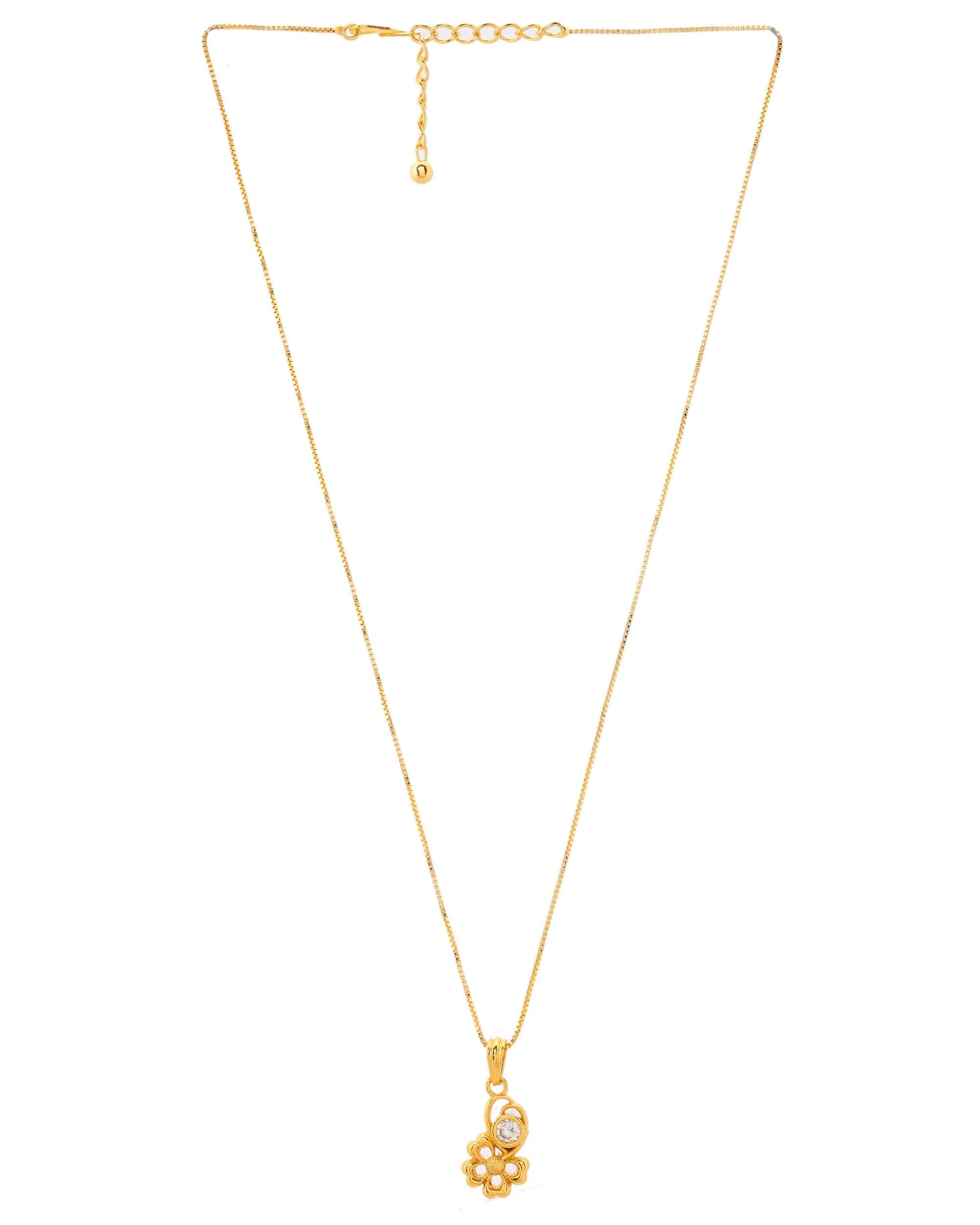 VOJ Gold-Polished Flower Shaped Ad Studded Pendant With Chain