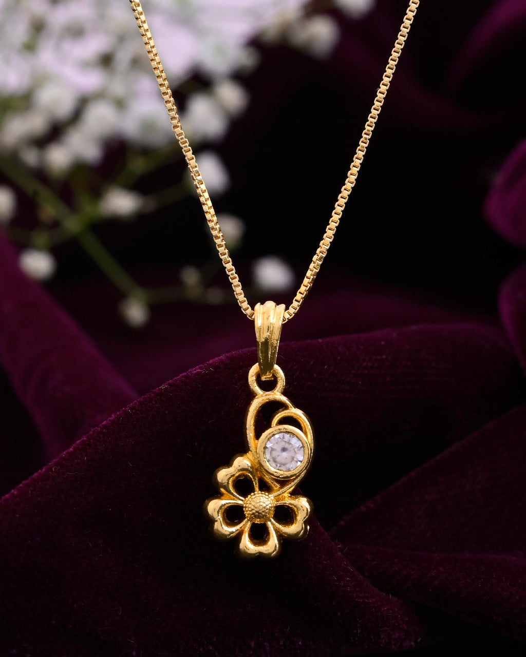 VOJ Gold-Polished Flower Shaped Ad Studded Pendant With Chain