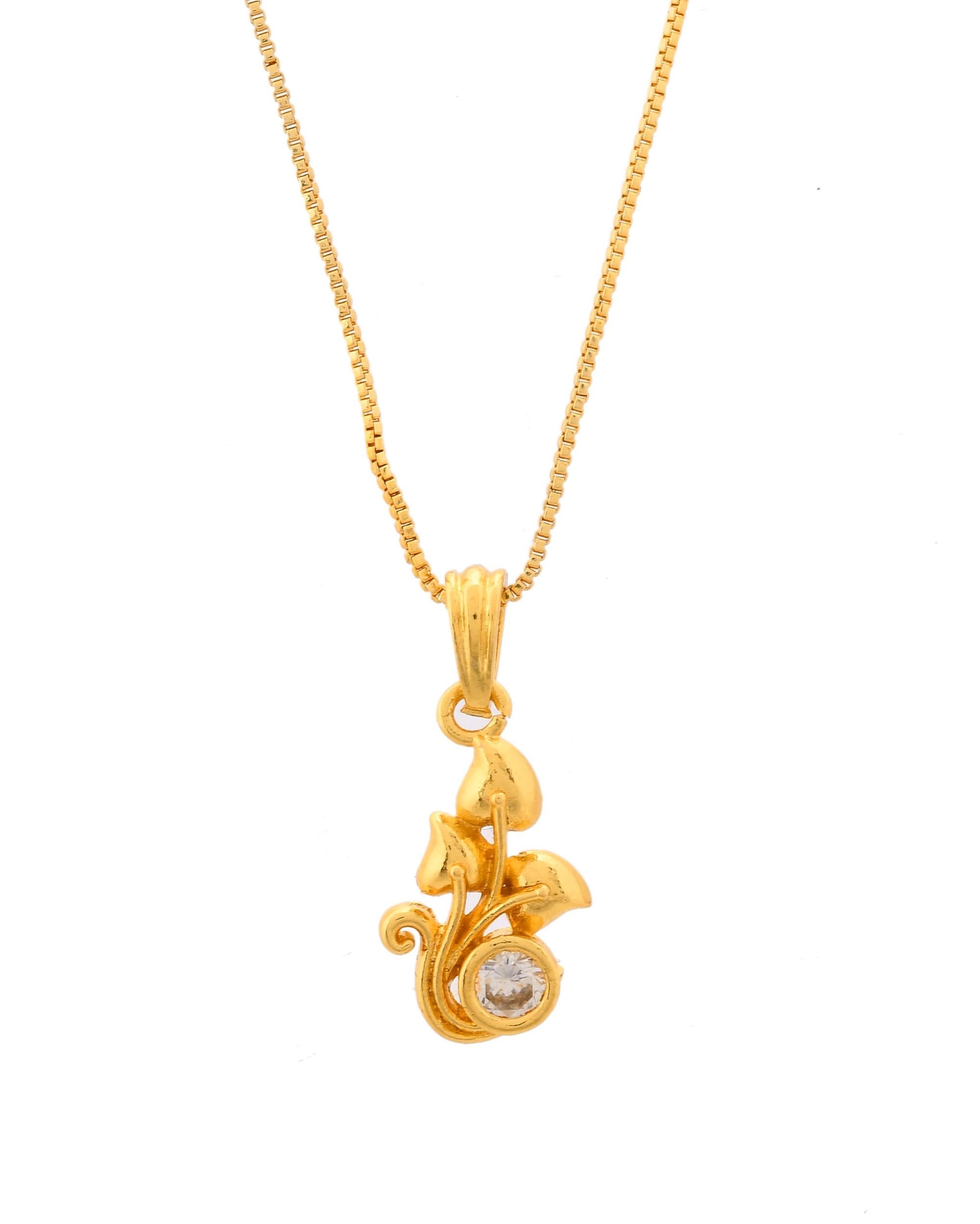 VOJ Gold-Polished Plant Shaped Ad Studded Pendant With Chain