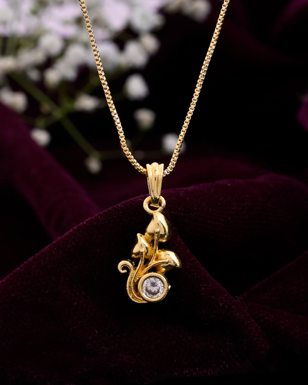 VOJ Gold-Polished Plant Shaped Ad Studded Pendant With Chain