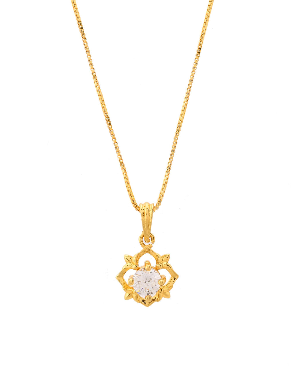 VOJ Gold-Polished Flower Shaped Ad Studded Pendant With Chain