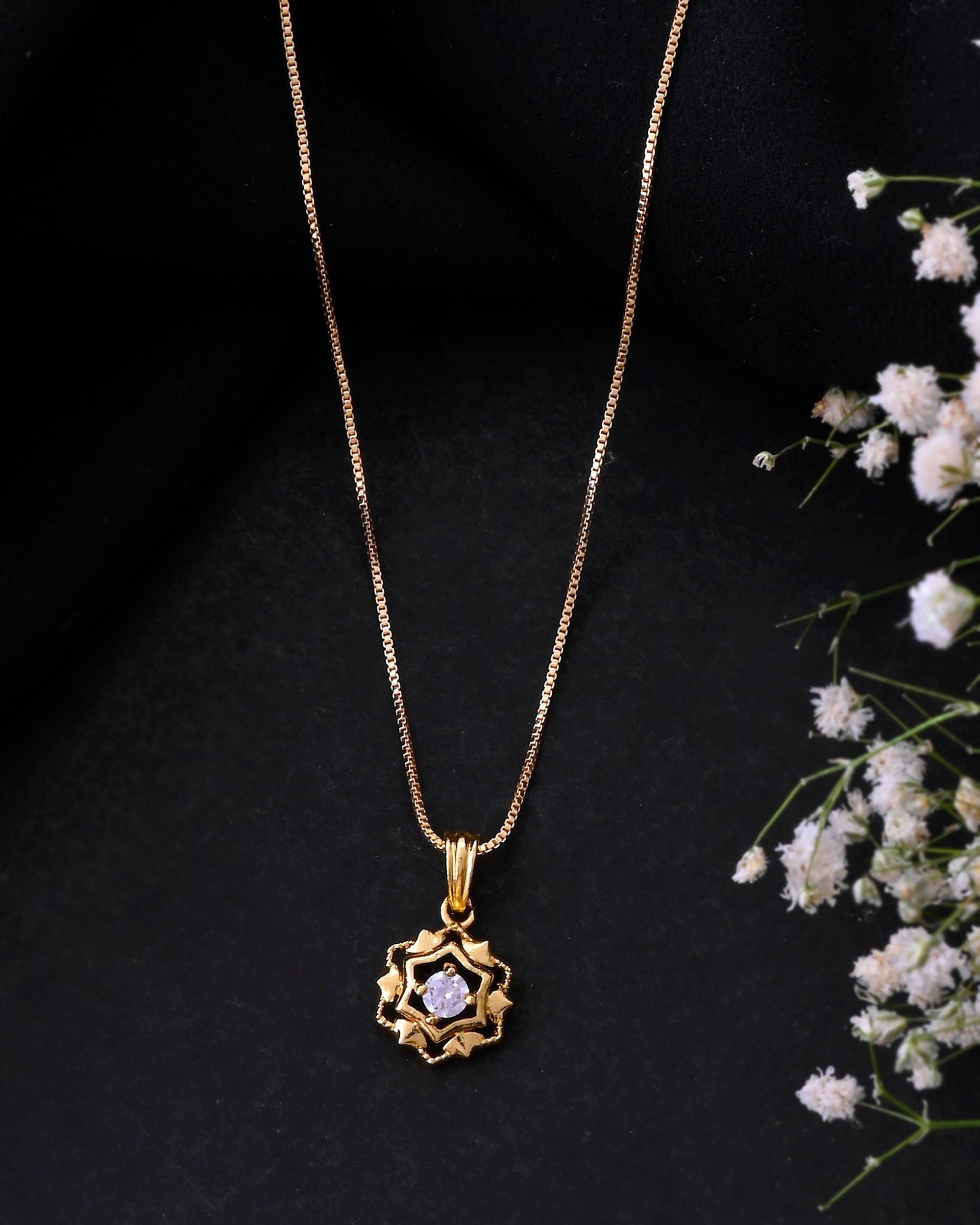 VOJ Gold-Polished Flower Shaped AD Studded Pandent With Chain