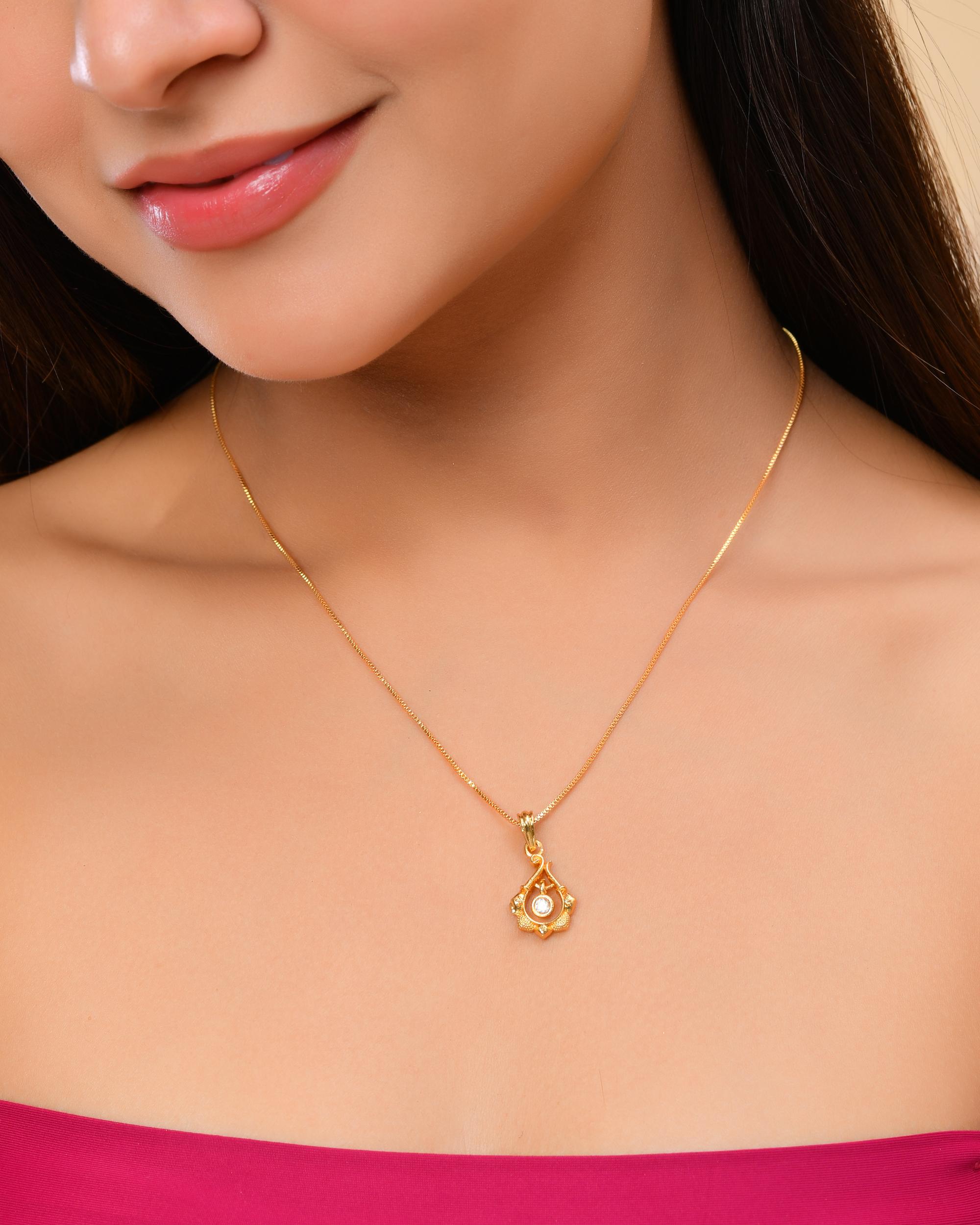 VOJ Gold-Polished Flower Shaped Ad Studded Pendant With Chain
