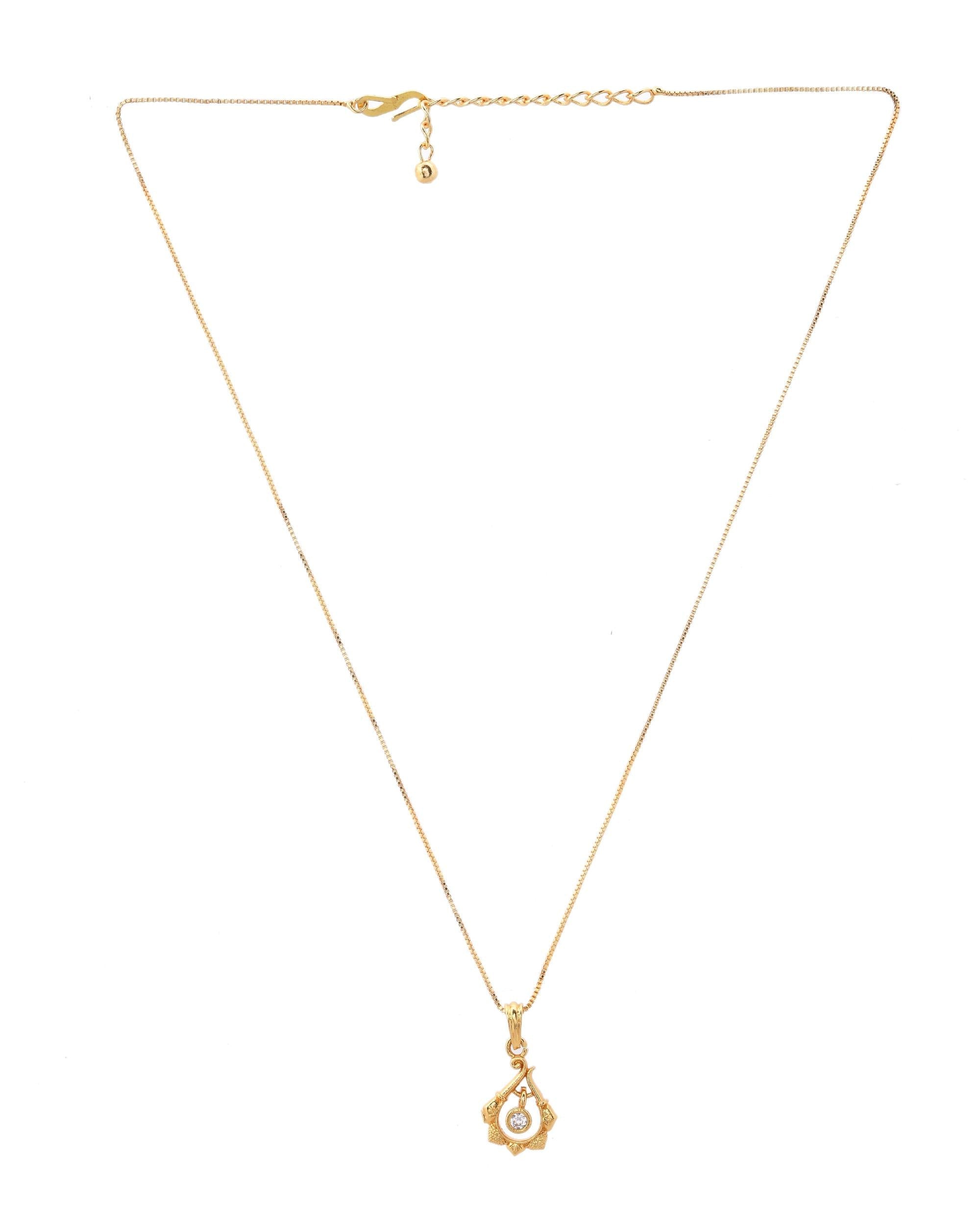 VOJ Gold-Polished Flower Shaped Ad Studded Pendant With Chain