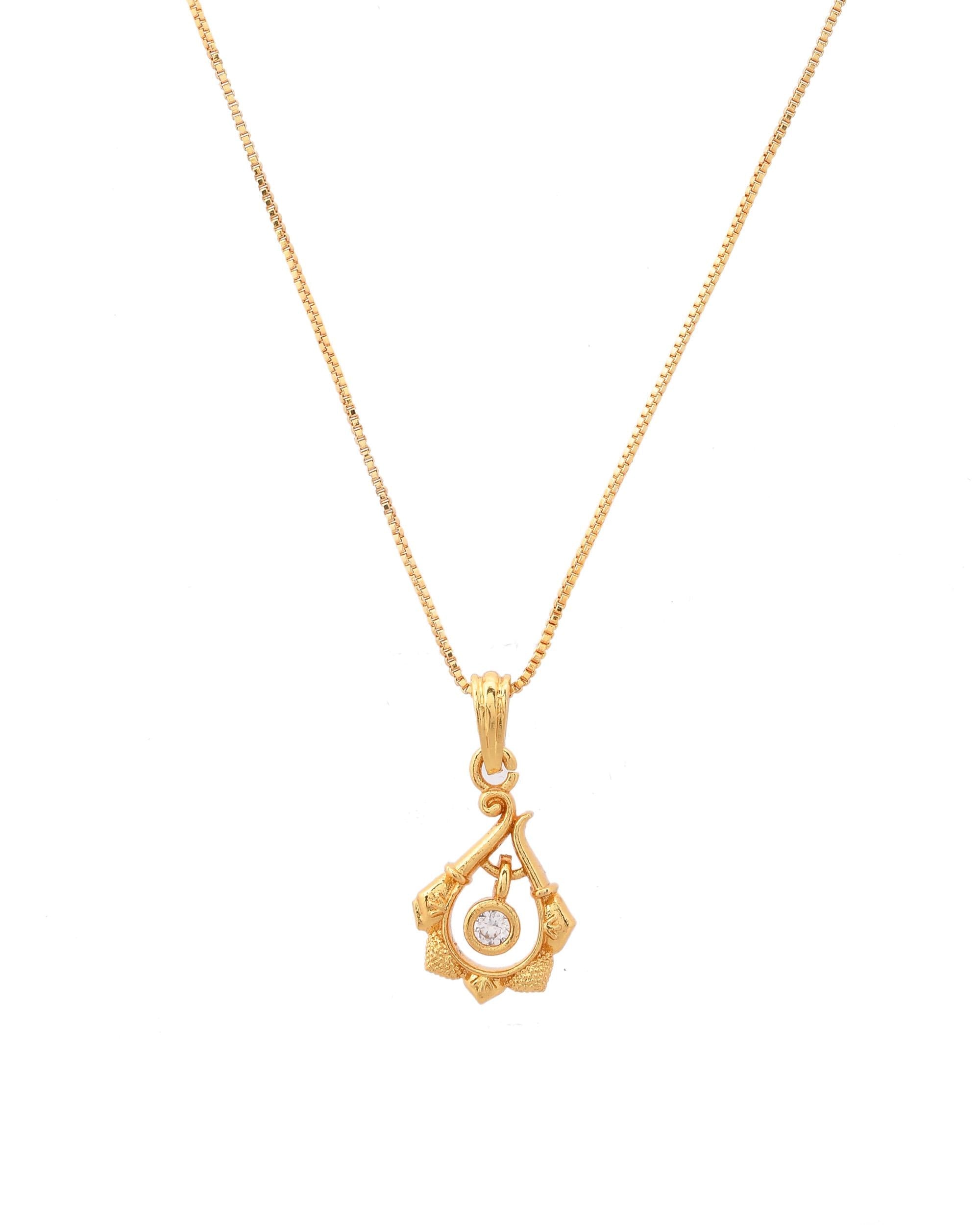 VOJ Gold-Polished Flower Shaped Ad Studded Pendant With Chain