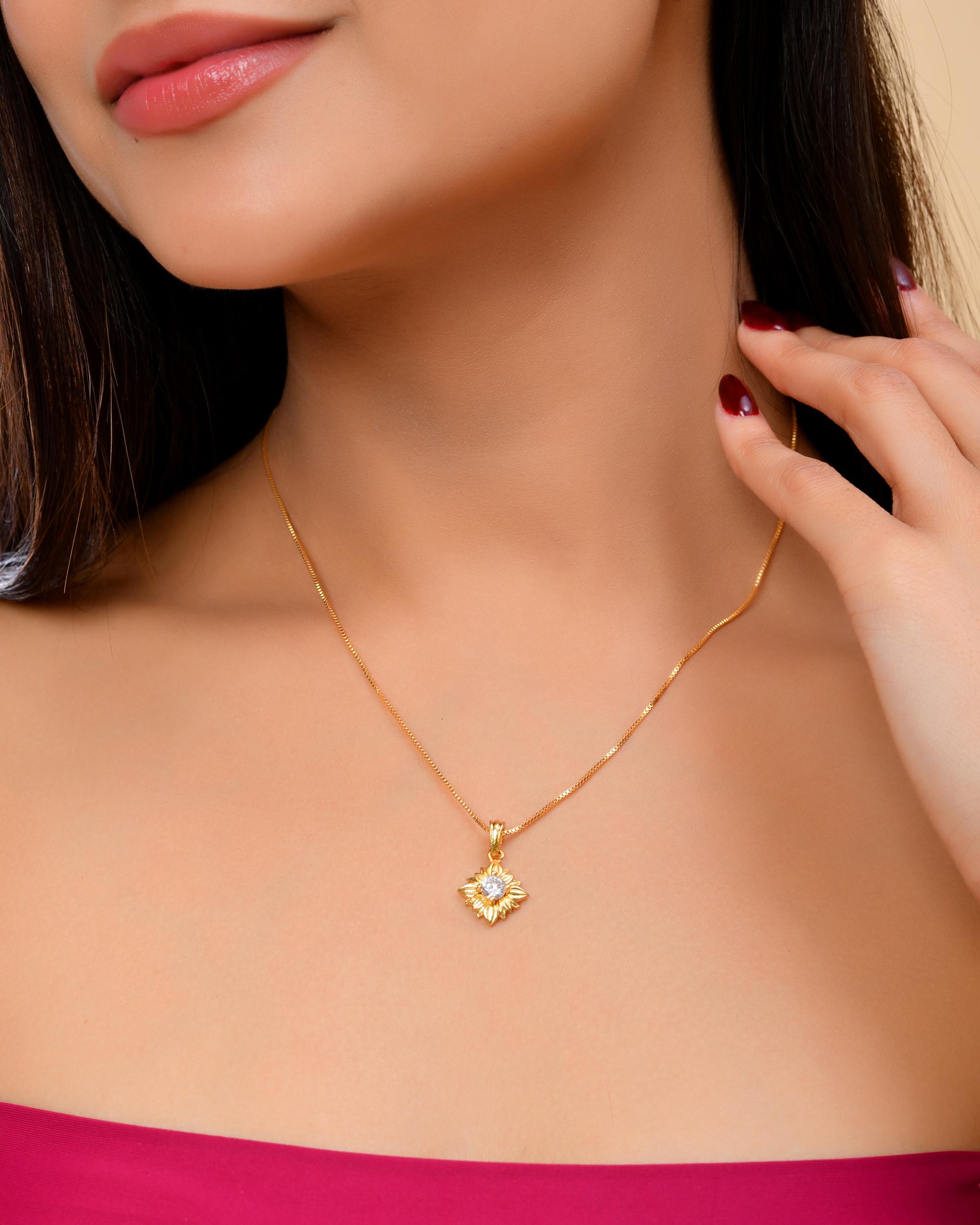 VOJ Gold-Polished Flower Shaped Ad Studded Pendant With Chain