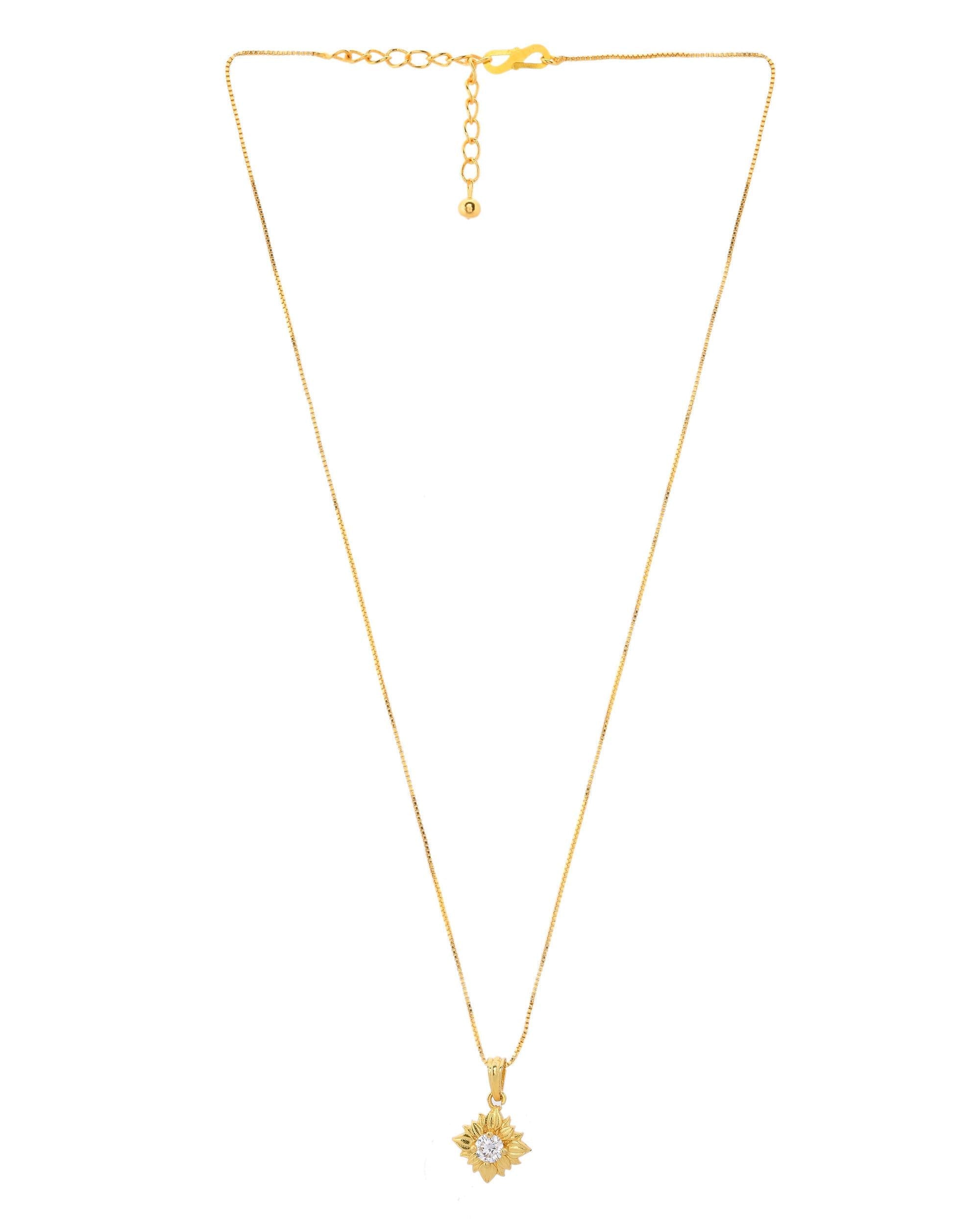 VOJ Gold-Polished Flower Shaped Ad Studded Pendant With Chain