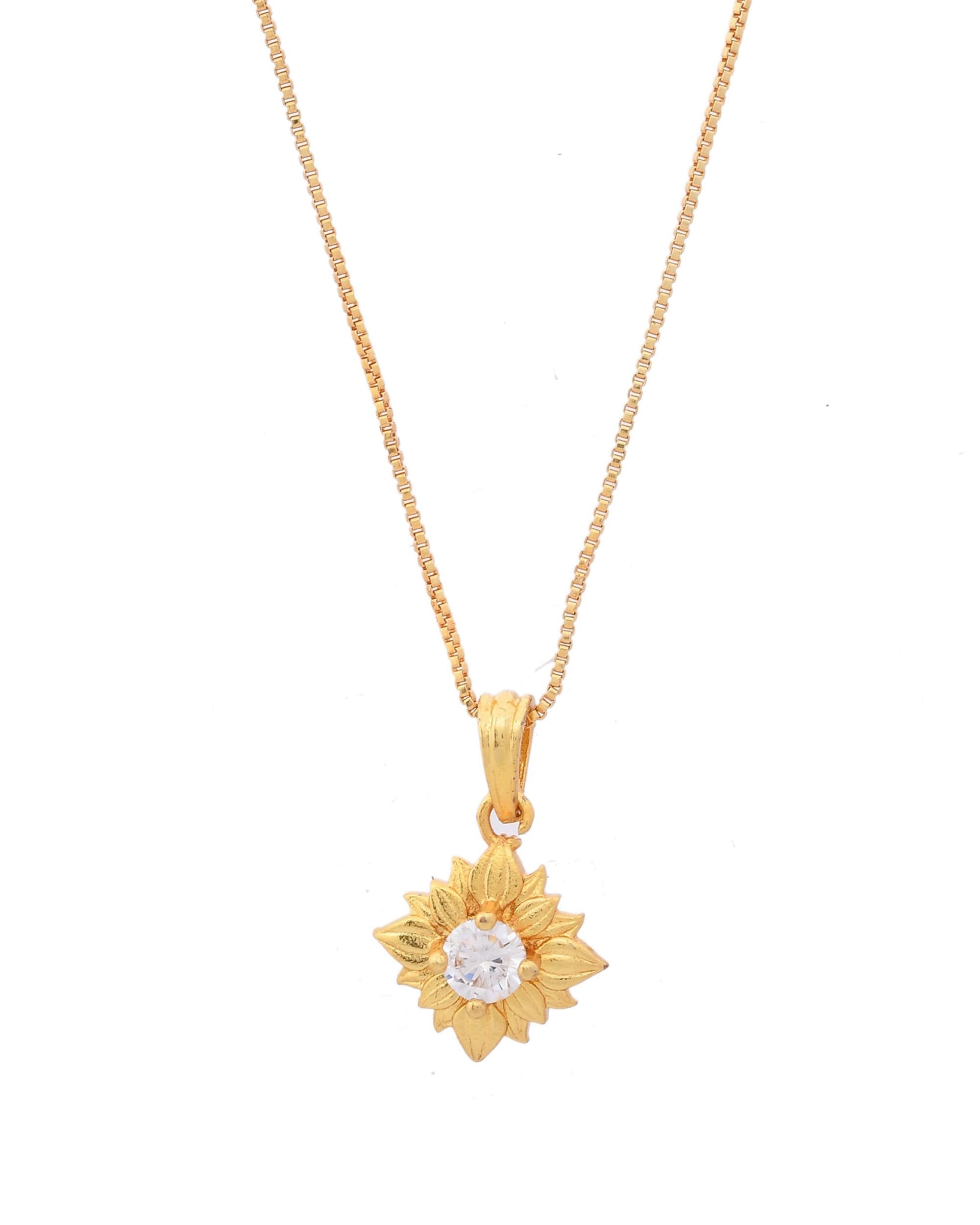 VOJ Gold-Polished Flower Shaped Ad Studded Pendant With Chain