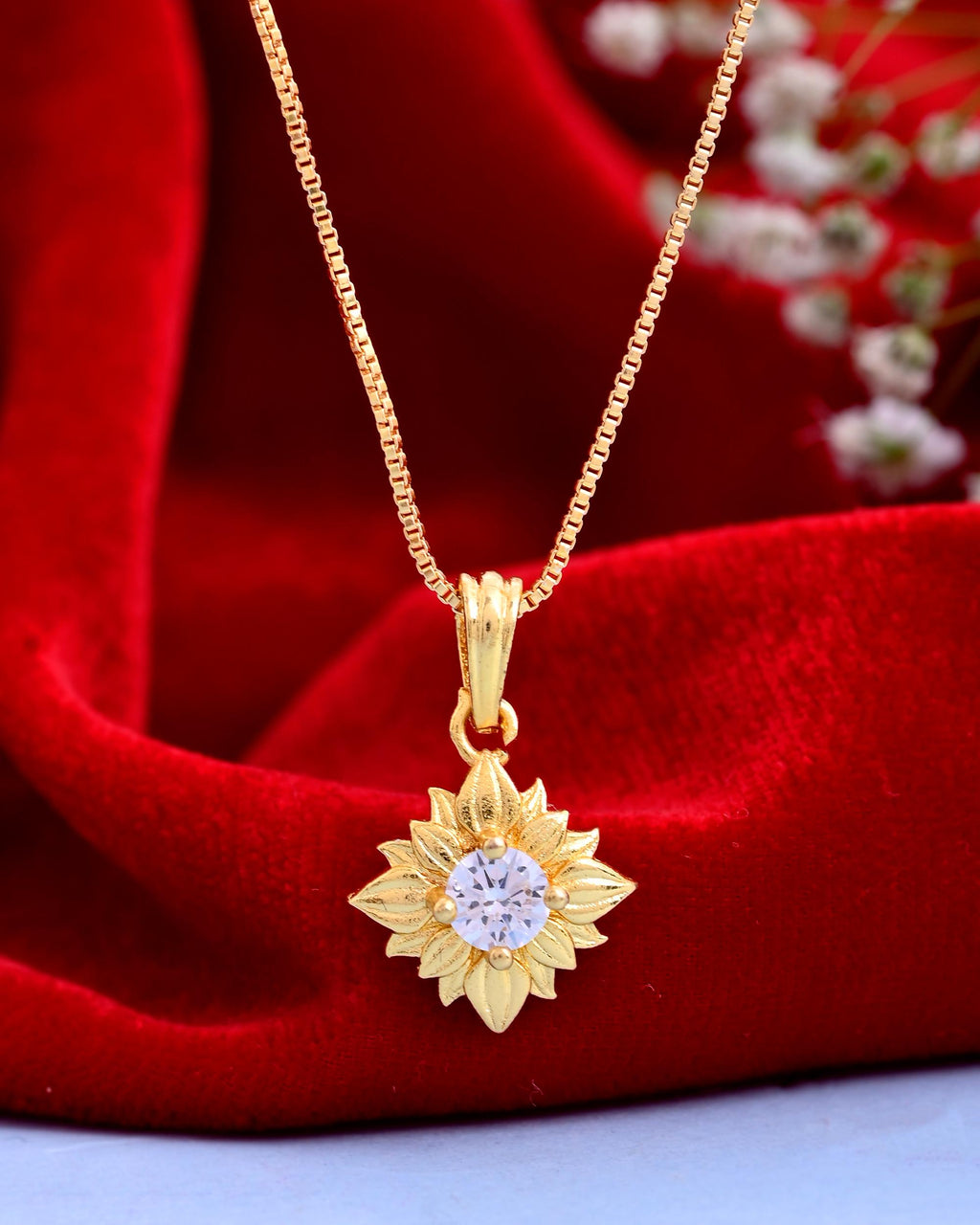 VOJ Gold-Polished Flower Shaped Ad Studded Pendant With Chain