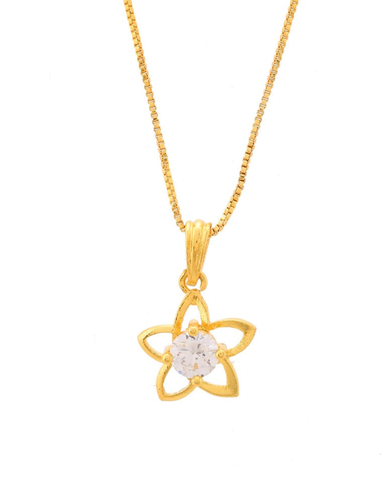 VOJ Gold-Polished Flower Shaped Ad Studded Pendant With Chain