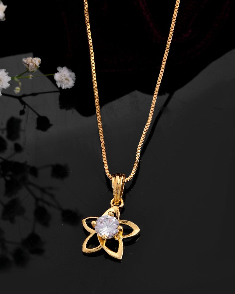 VOJ Gold-Polished Flower Shaped Ad Studded Pendant With Chain