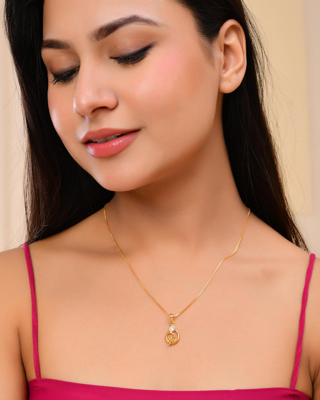 VOJ Gold-Polished Designer Ad Studded Pendant With Chain