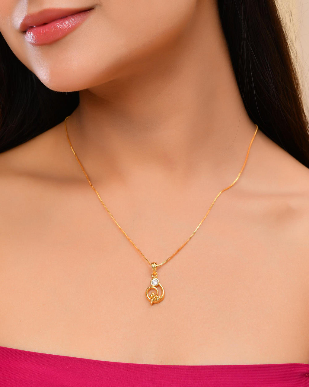 VOJ Gold-Polished Designer Ad Studded Pendant With Chain