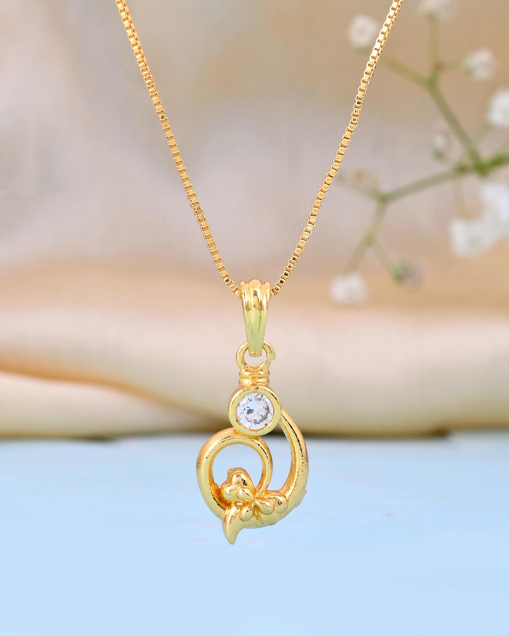 VOJ Gold-Polished Designer Ad Studded Pendant With Chain