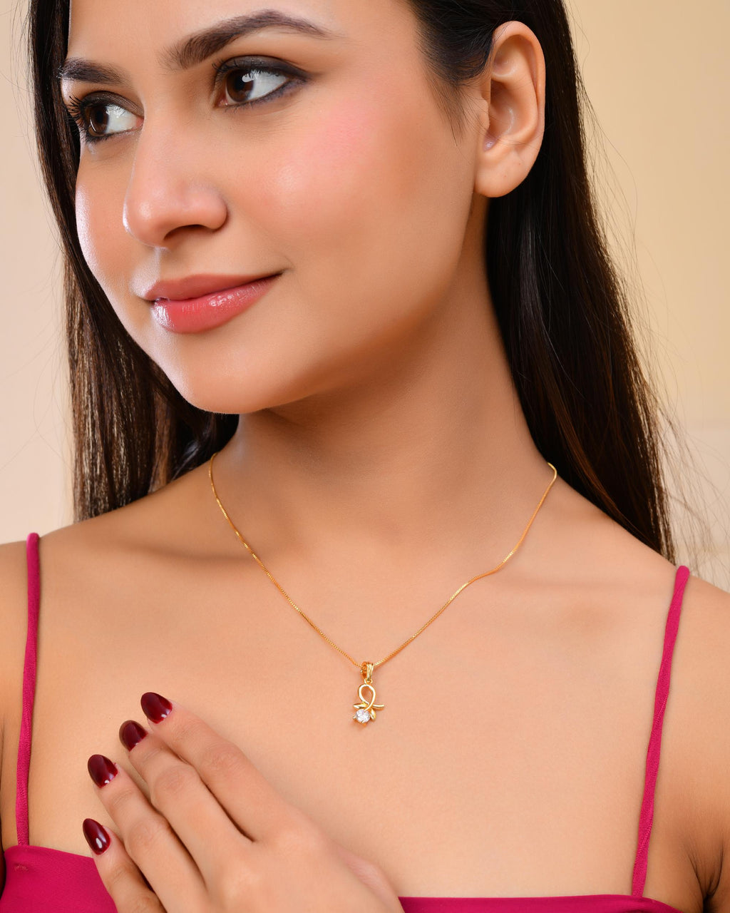 VOJ Gold-Polished Flower Shaped Ad Studded Pendant With Chain
